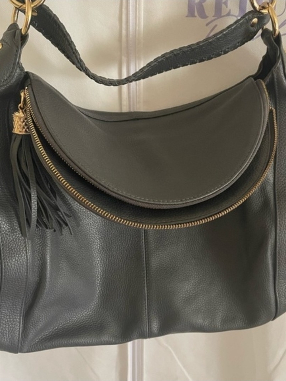 $650 RetialOnna Ehrlich Black Leather Shoulder Bag with Gold Hardware and Tassel